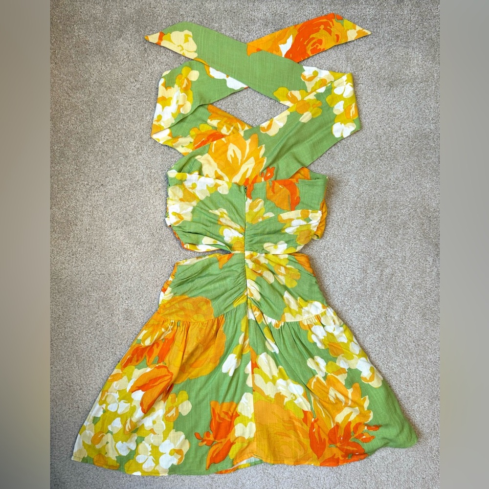 Sabo Skirt Amina Halter minidress in floral sunset, cutouts, worn once, Size 2 - Picture 8 of 11